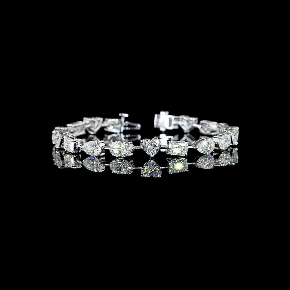 14K White Gold Mixed Shape Station Bracelet with Heart, Oval, and Radiant Cut Lab Diamonds - 14.36 Carat Total Diamond Weight - Covaloro Fine Jewelry