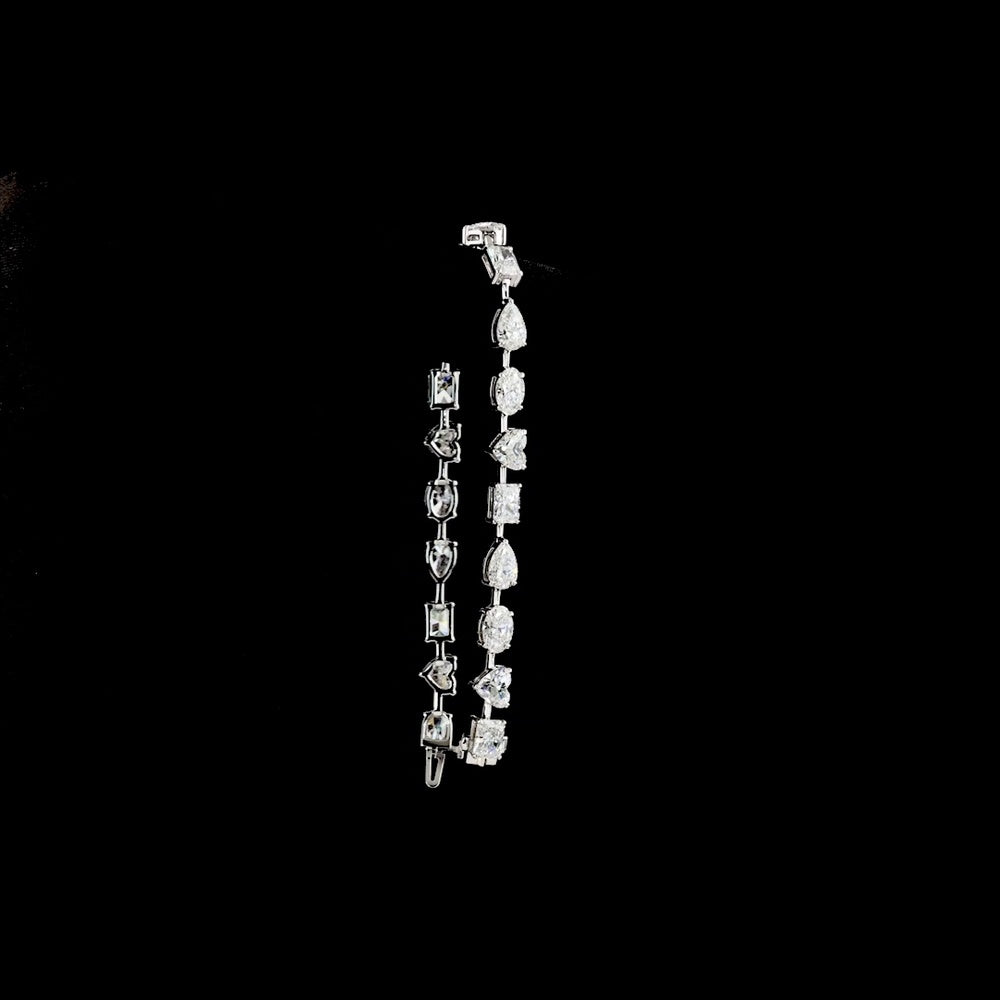 14K White Gold Mixed Shape Station Bracelet with Heart, Oval, and Radiant Cut Lab Diamonds - 14.36 Carat Total Diamond Weight - Covaloro Fine Jewelry