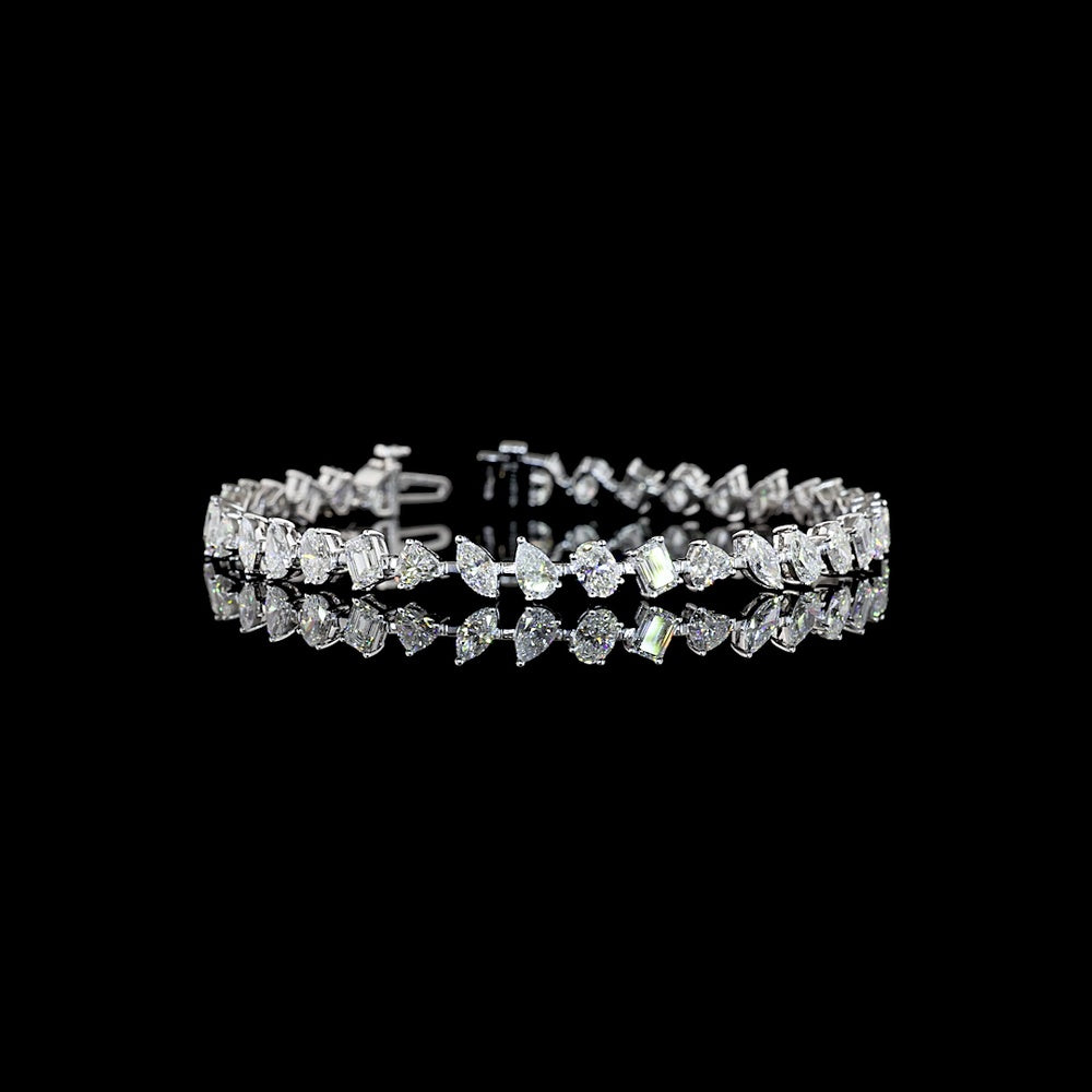 14K White Gold Mixed Shape Station Bracelet with Inclined Prong-Set Emerald, Oval, Pear, and Heart Lab Diamonds - 7.51 Carats Total Diamond Weight - Covaloro Fine Jewelry