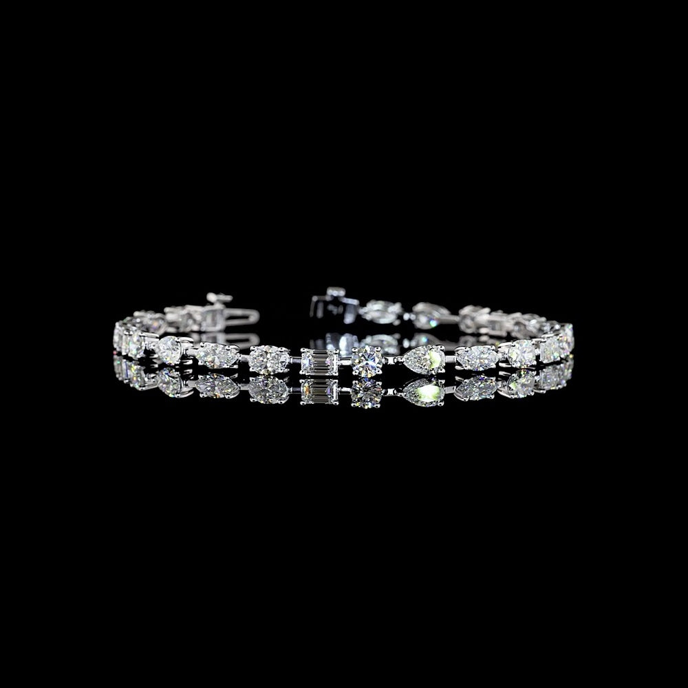 14K White Gold Mixed Shape Station Bracelet with Oval, Pear, Emerald, and Marquise Cut Natural Diamonds - 7.27 Carat Total Weight - Covaloro Fine Jewelry