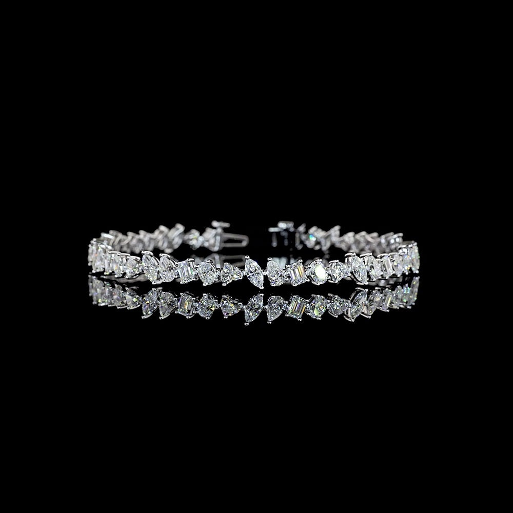 14K White Gold Mixed Shape Station Bracelet with Oval, Pear, Marquise, and Heart Cut Lab Diamonds - 6.84 Carats Total Diamond Weight - Covaloro Fine Jewelry