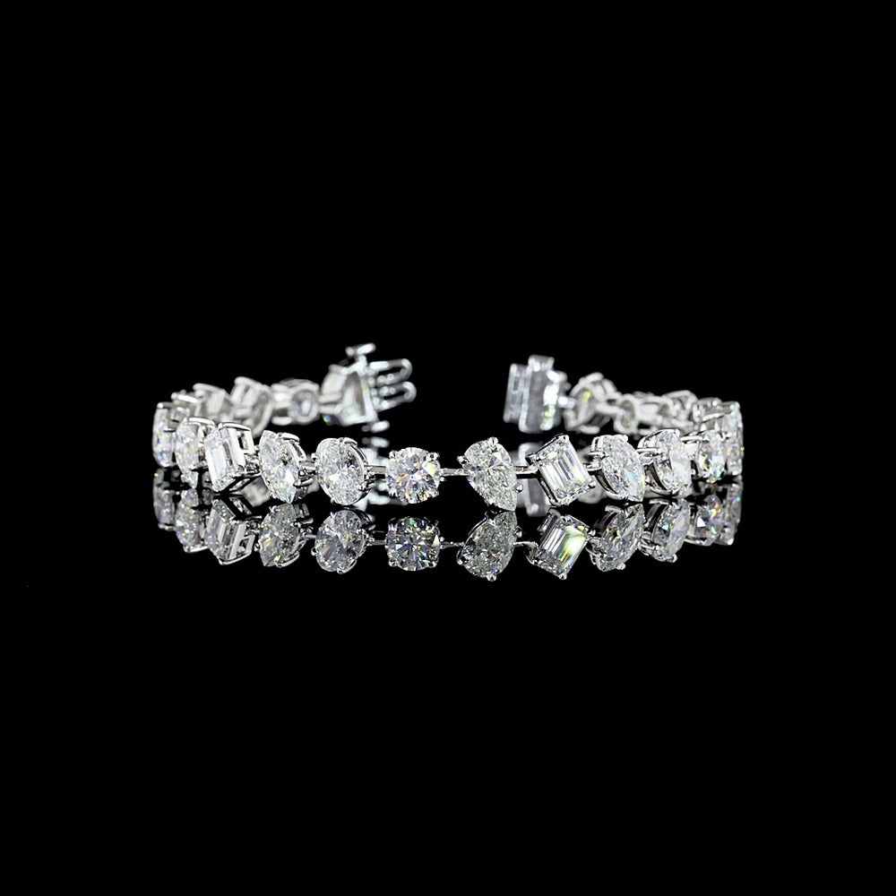 14K White Gold Mixed Shape Station Bracelet with Oval, Pear, Round Brilliant, and Emerald Cut Lab Diamonds - 16.44 Carats Total Diamond Weight - Covaloro Fine Jewelry