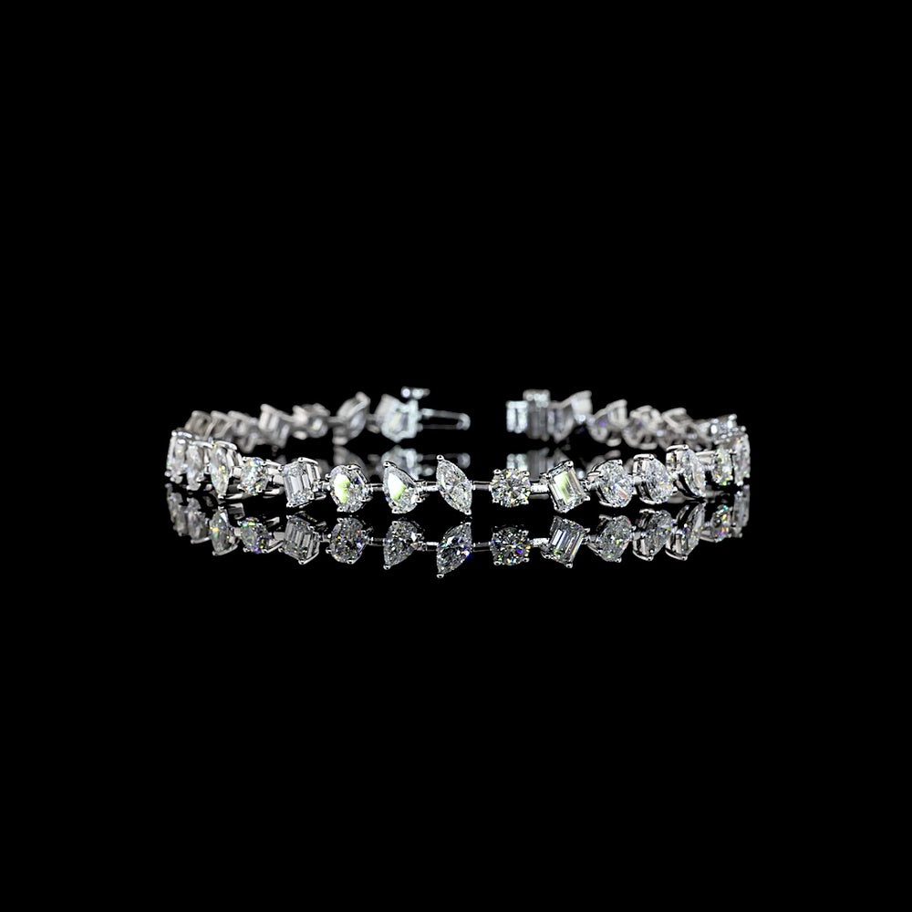 14K White Gold Mixed Shape Station Bracelet with Prong Set Emerald, Round, Oval & Pear Lab Diamonds - 7.27 Carat Total Weight - Covaloro Fine Jewelry
