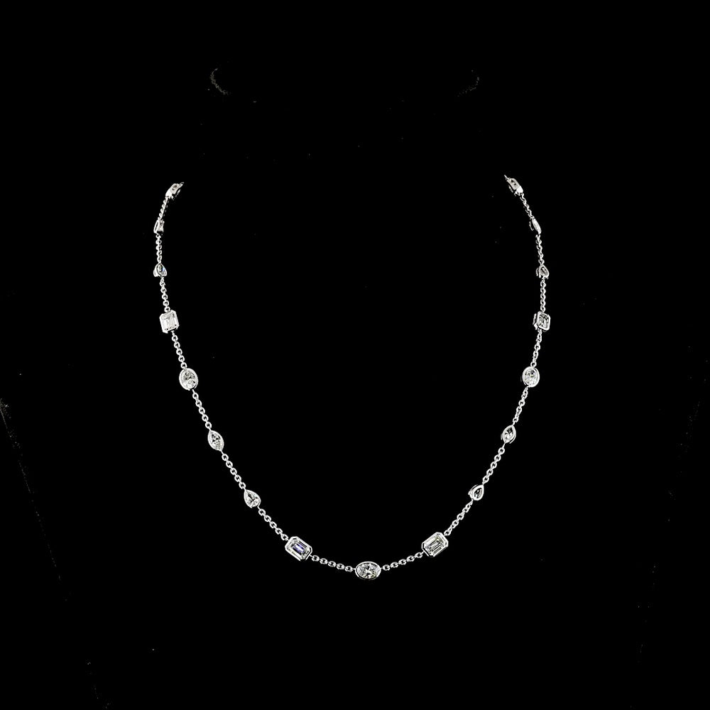 14K White Gold Mixed Shape Station Necklace with Bezel Set Lab Grown Emerald, Oval, and Marquise Diamonds - 6.03 Carat Total Weight - Covaloro Fine Jewelry
