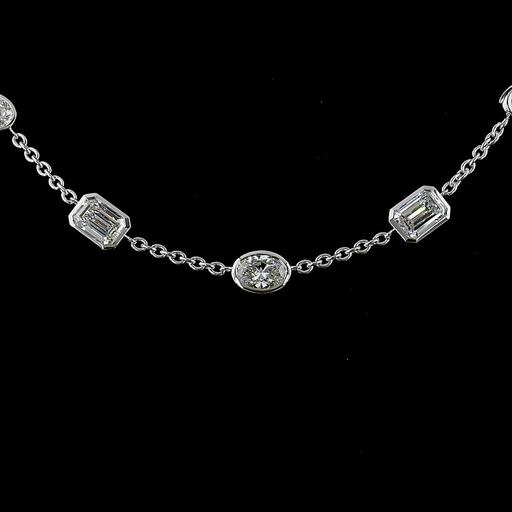 14K White Gold Mixed Shape Station Necklace with Bezel Set Lab Grown Emerald, Oval, and Marquise Diamonds - 6.03 Carat Total Weight - Covaloro Fine Jewelry
