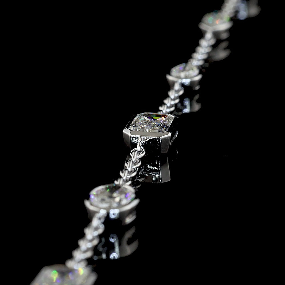 14K White Gold Mixed Shape Station Necklace with Bezel Set Lab Grown Emerald, Oval, and Marquise Diamonds - 6.03 Carat Total Weight - Covaloro Fine Jewelry