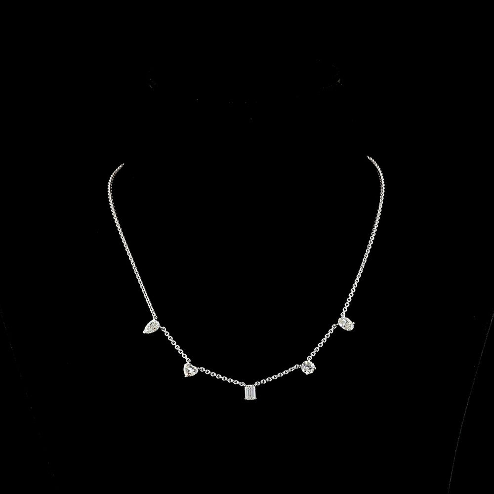 14K White Gold Mixed Shape Station Necklace with Emerald, Heart, and Round Lab Grown Diamonds - 2.6 Carat Total Diamond Weight - Covaloro Fine Jewelry