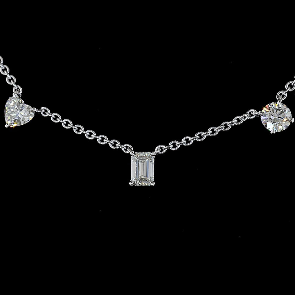 14K White Gold Mixed Shape Station Necklace with Emerald, Heart, and Round Lab Grown Diamonds - 2.6 Carat Total Diamond Weight - Covaloro Fine Jewelry