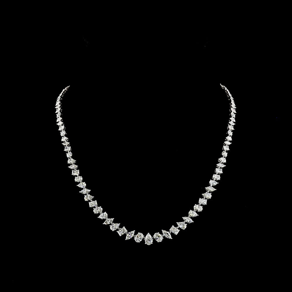 14K White Gold Mixed Shape Station Necklace with Pear, Oval & Radiant Lab Diamonds - 15.56 Carats Total Diamond Weight - Covaloro Fine Jewelry