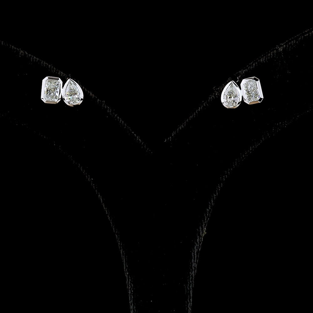 14K White Gold Mixed Shape Stud Earrings with Bezel Set Radiant and Pear Lab Diamonds - 1.72 Carat Total Weight - Covaloro Fine Jewelry