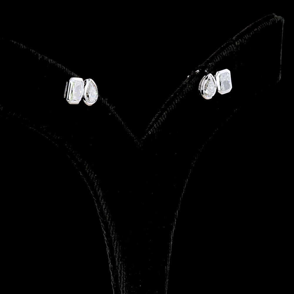 14K White Gold Mixed Shape Stud Earrings with Bezel Set Radiant and Pear Lab Diamonds - 1.72 Carat Total Weight - Covaloro Fine Jewelry