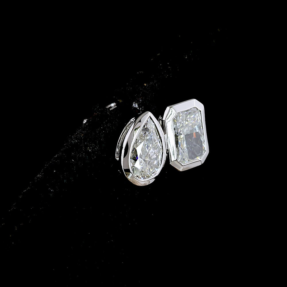 14K White Gold Mixed Shape Stud Earrings with Bezel Set Radiant and Pear Lab Diamonds - 1.72 Carat Total Weight - Covaloro Fine Jewelry