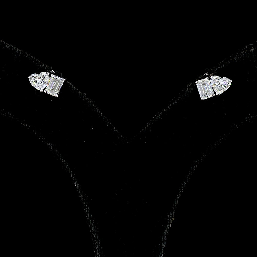 14K White Gold Mixed Shape Stud Earrings with Emerald Cut and Heart Shape Lab Diamonds - 1.54 Carats Total Diamond Weight - Covaloro Fine Jewelry