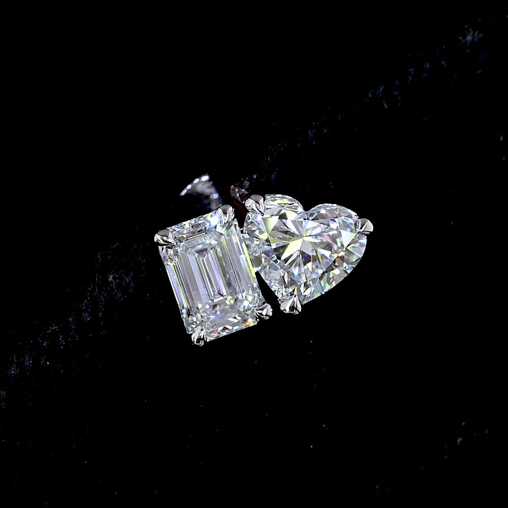 14K White Gold Mixed Shape Stud Earrings with Emerald Cut and Heart Shape Lab Diamonds - 1.54 Carats Total Diamond Weight - Covaloro Fine Jewelry