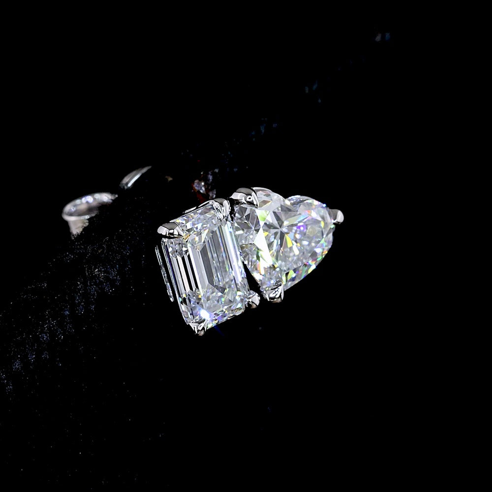 14K White Gold Mixed Shape Stud Earrings with Emerald Cut and Heart Shape Lab Diamonds - 1.54 Carats Total Diamond Weight - Covaloro Fine Jewelry