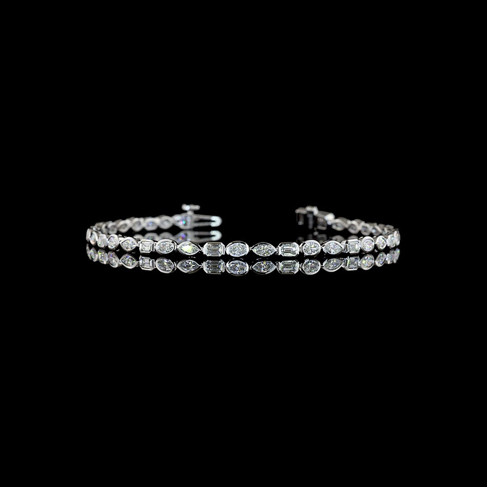 14K White Gold Mixed Shape Tennis Bracelet with Bezel Set Emerald, Marquise, and Oval Lab Diamonds - 2.46 Carat Total Weight - Covaloro Fine Jewelry