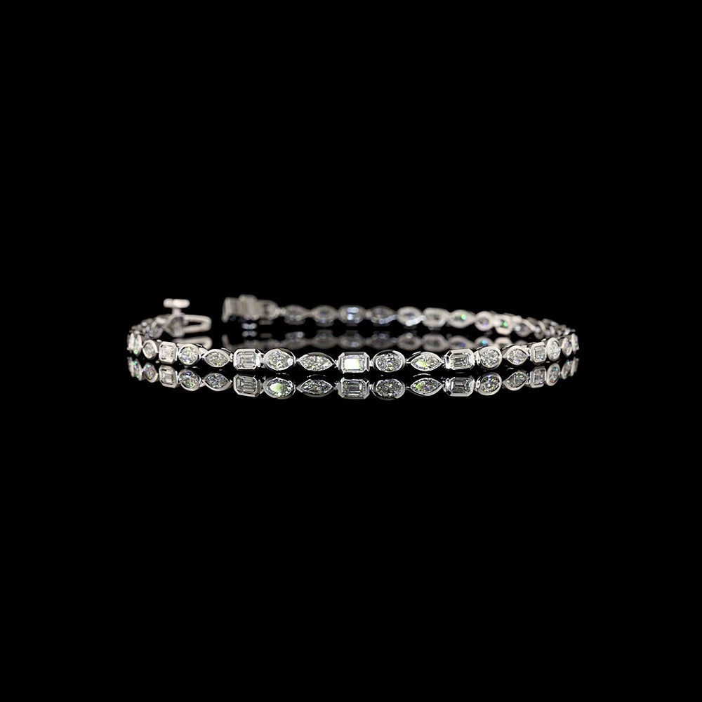 14K White Gold Mixed Shape Tennis Bracelet with Bezel Set Emerald, Marquise, and Oval Lab Diamonds - 2.65 Carat Total Weight - Covaloro Fine Jewelry
