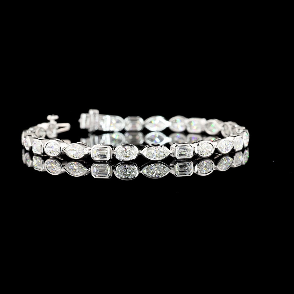 14K White Gold Mixed Shape Tennis Bracelet with Bezel Set Emerald, Marquise, and Oval Lab Diamonds - 7.83 Carats Total Diamond Weight - Covaloro Fine Jewelry