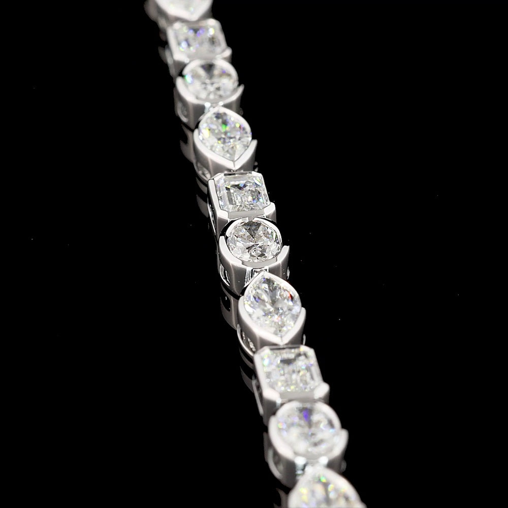 14K White Gold Mixed Shape Tennis Bracelet with Bezel Set Emerald, Marquise, and Oval Lab Diamonds - 7.83 Carats Total Diamond Weight - Covaloro Fine Jewelry