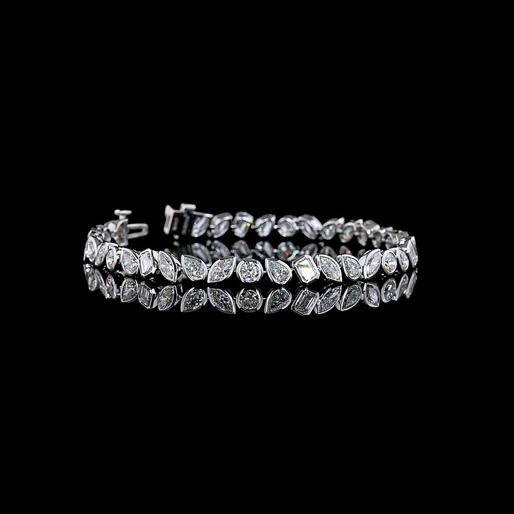 14K White Gold Mixed Shape Tennis Bracelet with Bezel Set Lab Diamonds - 8.29 Carat Total Weight - Covaloro Fine Jewelry