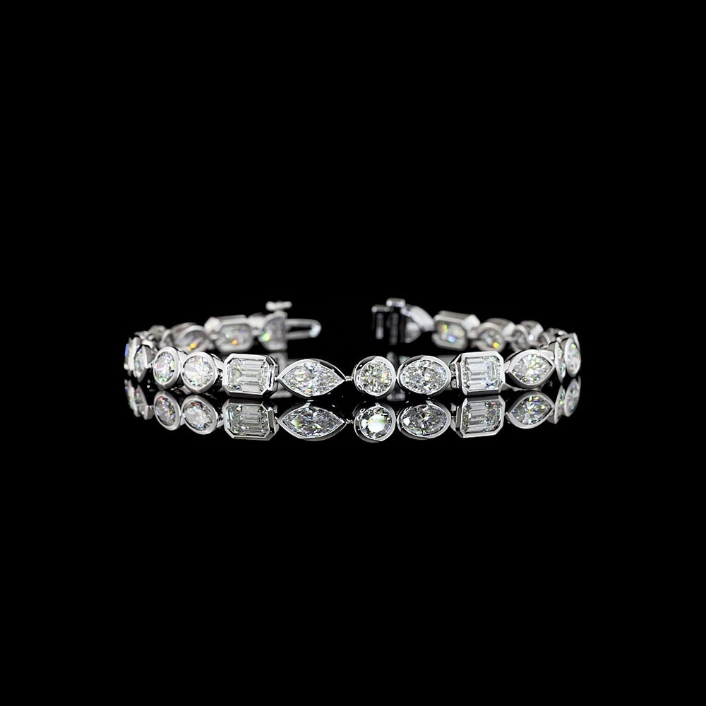 14K White Gold Mixed Shape Tennis Bracelet with Bezel Set Marquise, Emerald, and Oval Lab Diamonds - 10.30 Carats Total Diamond Weight - Covaloro Fine Jewelry