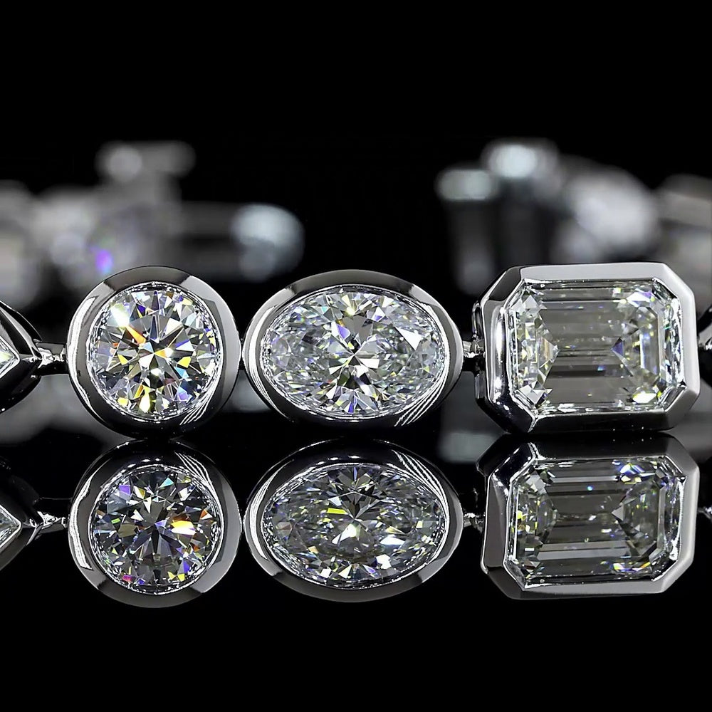 14K White Gold Mixed Shape Tennis Bracelet with Bezel Set Marquise, Emerald, and Oval Lab Diamonds - 10.30 Carats Total Diamond Weight - Covaloro Fine Jewelry