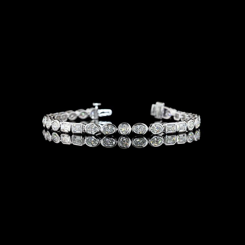14K White Gold Mixed Shape Tennis Bracelet with Bezel Set Oval, Emerald, and Round Lab Diamonds - 6.56 Carat Total Weight - Covaloro Fine Jewelry