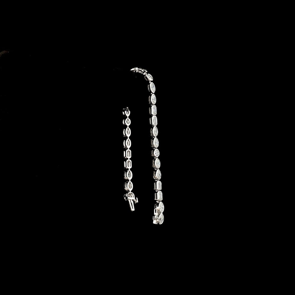 14K White Gold Mixed Shape Tennis Bracelet with Bezel Set Oval, Emerald, and Round Lab Diamonds - 6.56 Carat Total Weight - Covaloro Fine Jewelry
