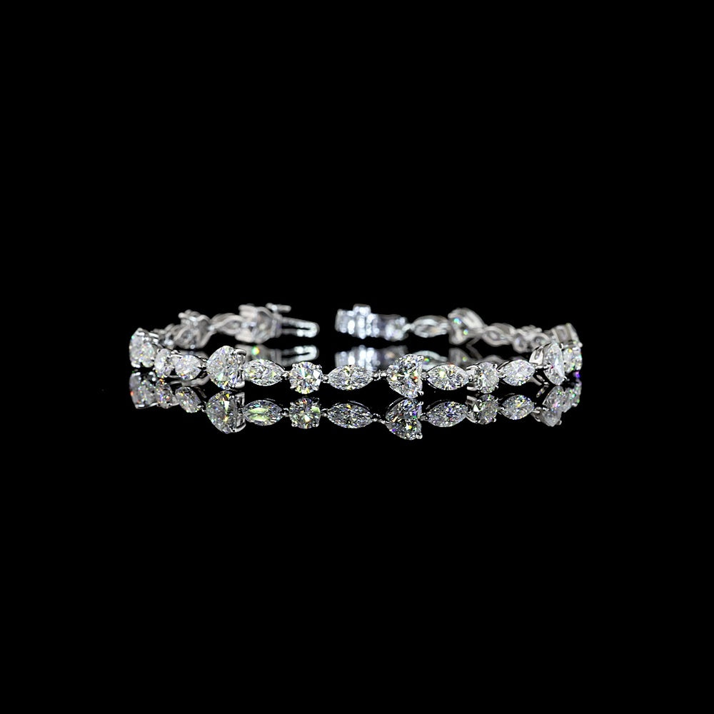 14K White Gold Mixed Shape Tennis Bracelet with Heart, Brilliant, and Marquise Cut Lab Diamonds - 9.89 Carat Total Weight - Covaloro Fine Jewelry