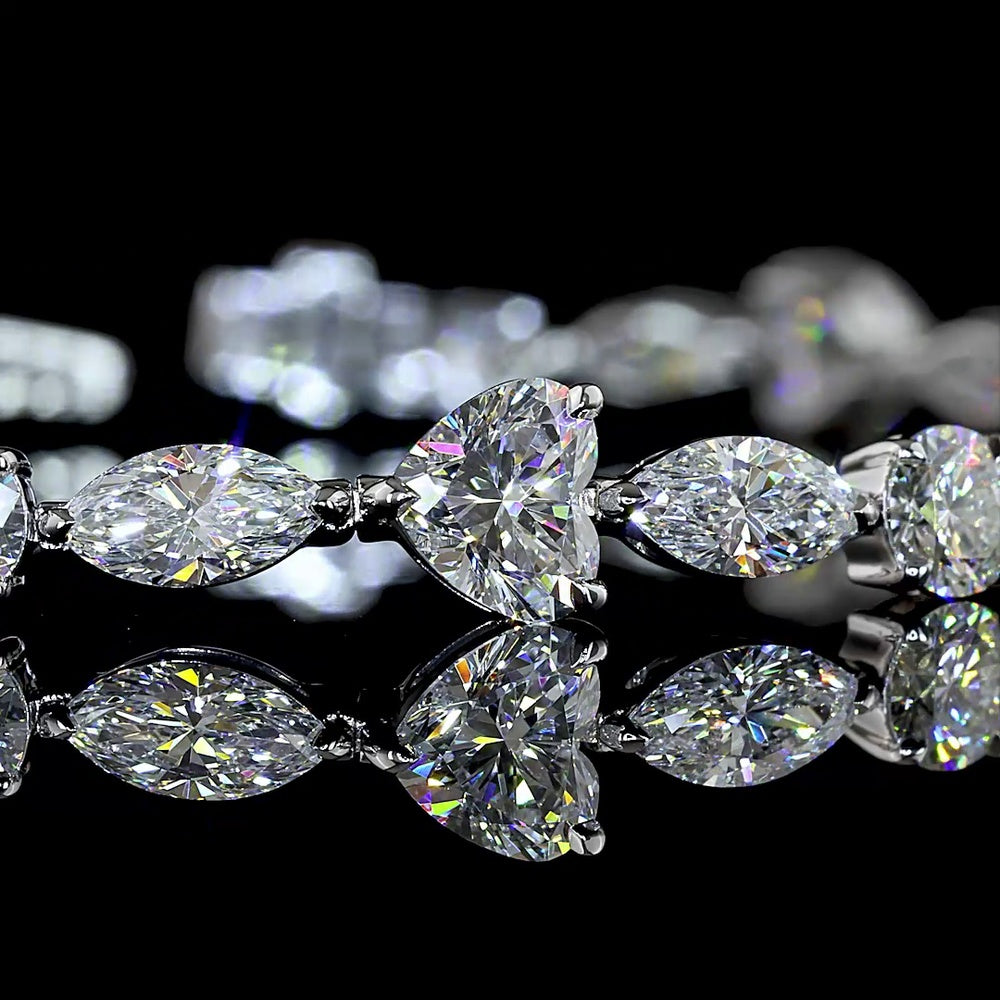 14K White Gold Mixed Shape Tennis Bracelet with Heart, Brilliant, and Marquise Cut Lab Diamonds - 9.89 Carat Total Weight - Covaloro Fine Jewelry