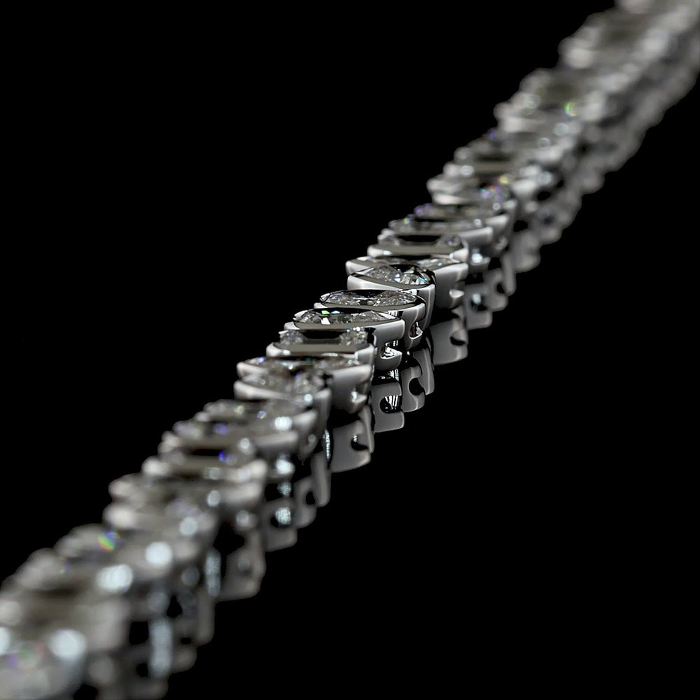 14K White Gold Mixed Shape Tennis Bracelet with Inclined Bezel Set Lab Diamonds (Emerald, Oval, Heart, Pear) - 5.56 Carats Total Diamond Weight - Covaloro Fine Jewelry