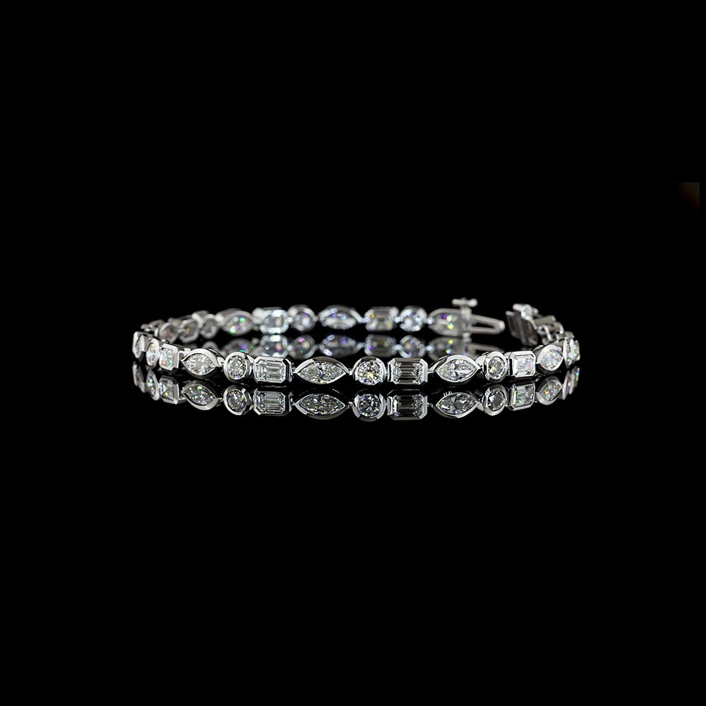 14K White Gold Mixed Shape Tennis Bracelet with Marquise, Round Brilliant, and Emerald Cut Lab Diamonds - 5.66 Carat Total Weight - Covaloro Fine Jewelry