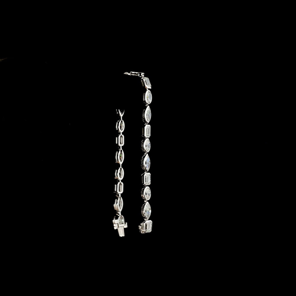 14K White Gold Mixed Shape Tennis Bracelet with Oval, Emerald, and Marquise Lab Diamonds in Bezel Setting - 12.39 Carats Total Diamond Weight - Covaloro Fine Jewelry