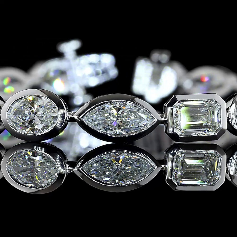 14K White Gold Mixed Shape Tennis Bracelet with Oval, Emerald, and Marquise Lab Diamonds in Bezel Setting - 12.39 Carats Total Diamond Weight - Covaloro Fine Jewelry