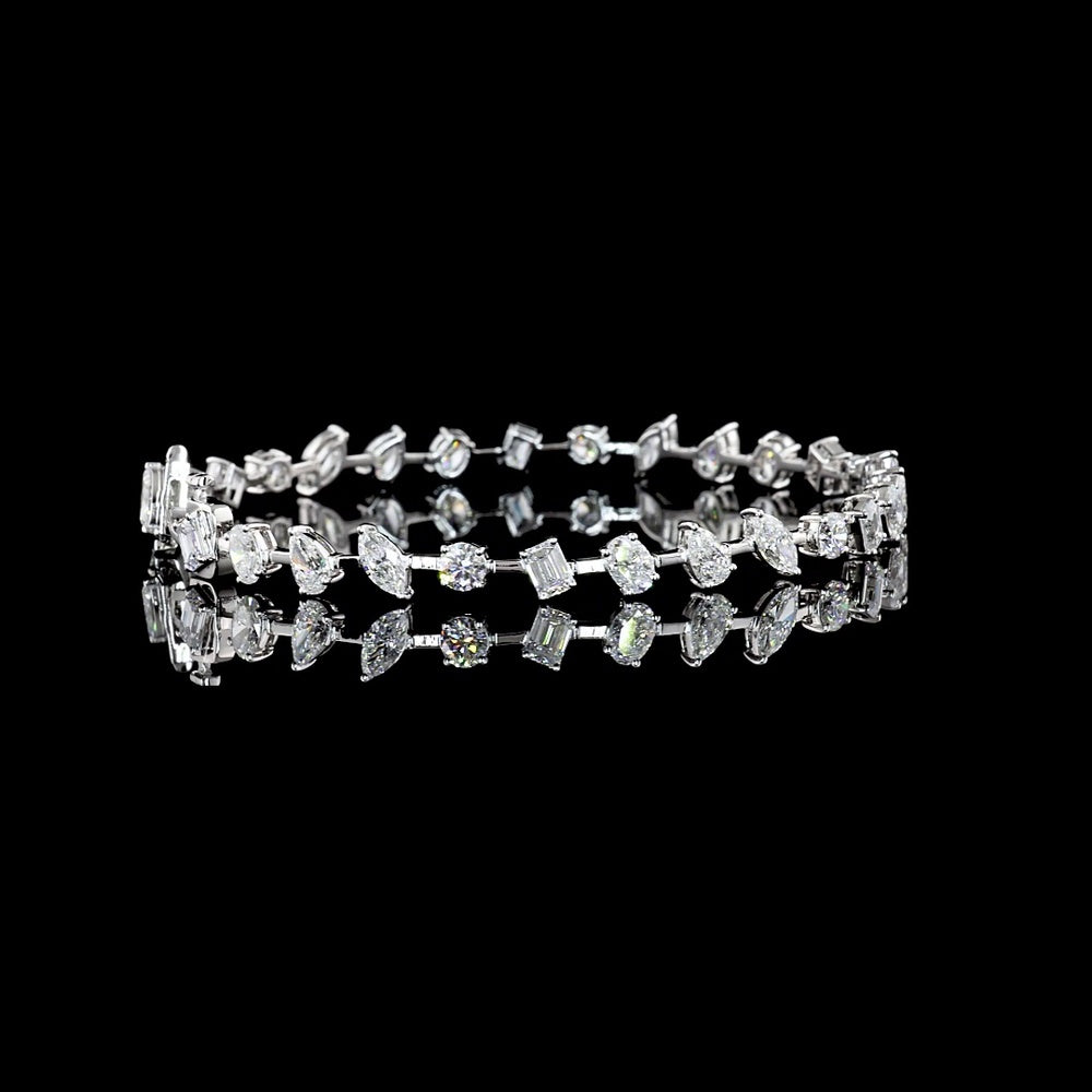 14K White Gold Mixed Shape Tennis Bracelet with Oval, Pear, Marquise, Emerald & Brilliant Lab Diamonds - 7.30 Carats Total Diamond Weight - Covaloro Fine Jewelry