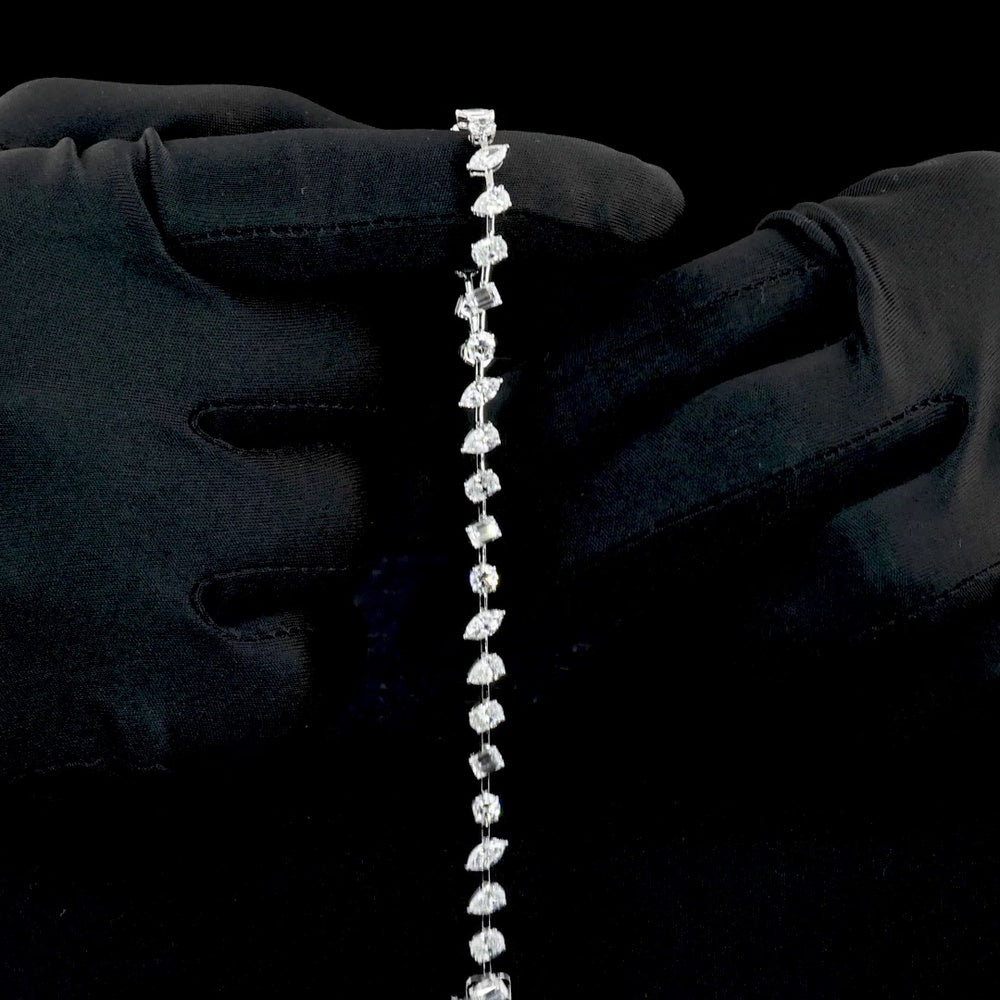 14K White Gold Mixed Shape Tennis Bracelet with Oval, Pear, Marquise, Emerald & Brilliant Lab Diamonds - 7.30 Carats Total Diamond Weight - Covaloro Fine Jewelry