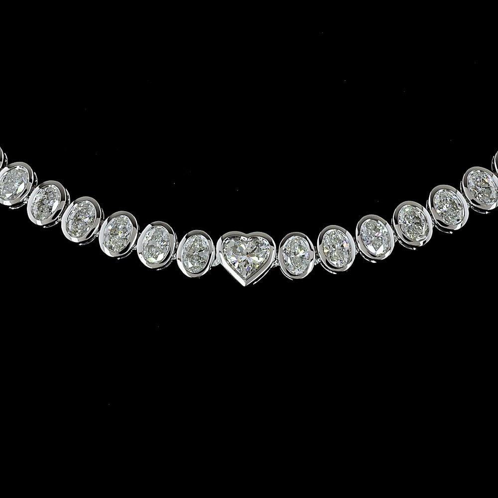 14K White Gold Mixed Shape Tennis Necklace with Heart Center Stone and Oval Cut Lab Diamonds - 7.95 Carats Total Diamond Weight - Covaloro Fine Jewelry