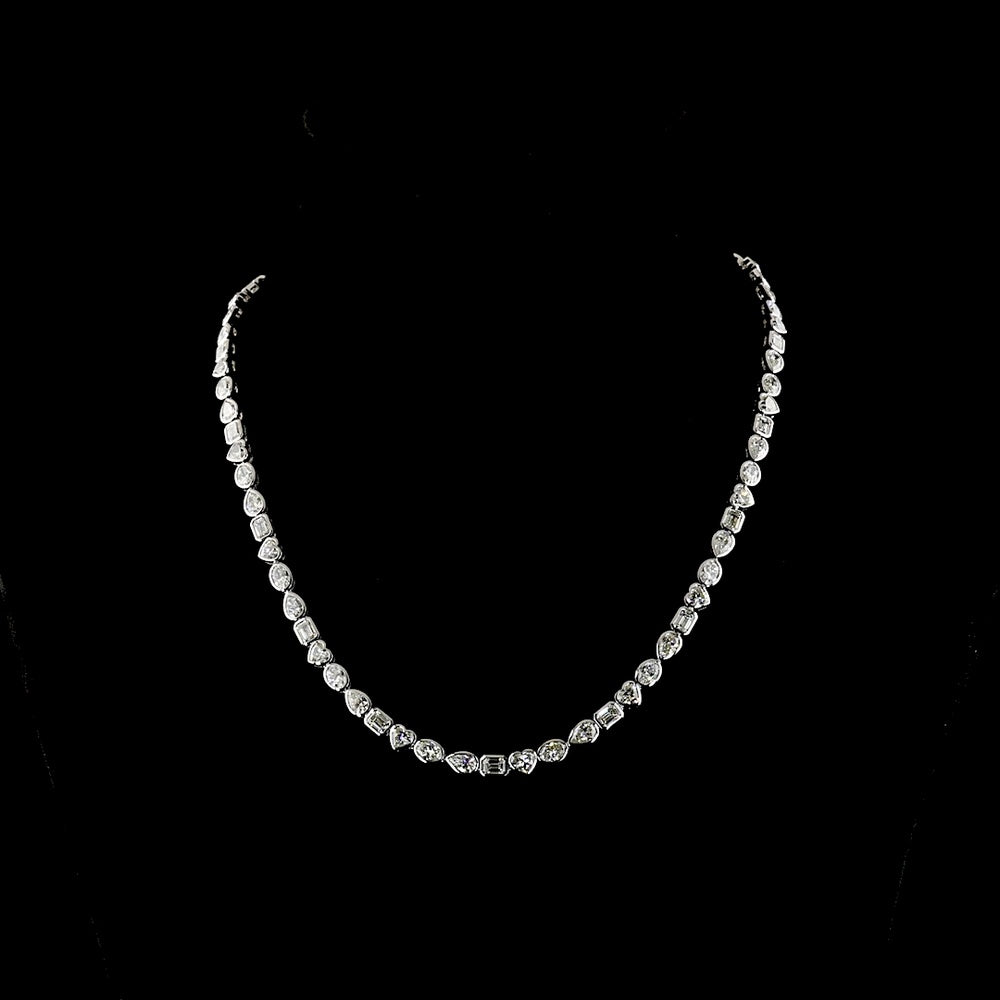 14K White Gold Mixed Shape Tennis Necklace with Heart, Oval, Emerald & Pear Cut Lab Diamonds - 18.77 Carats Total Diamond Weight - Covaloro Fine Jewelry