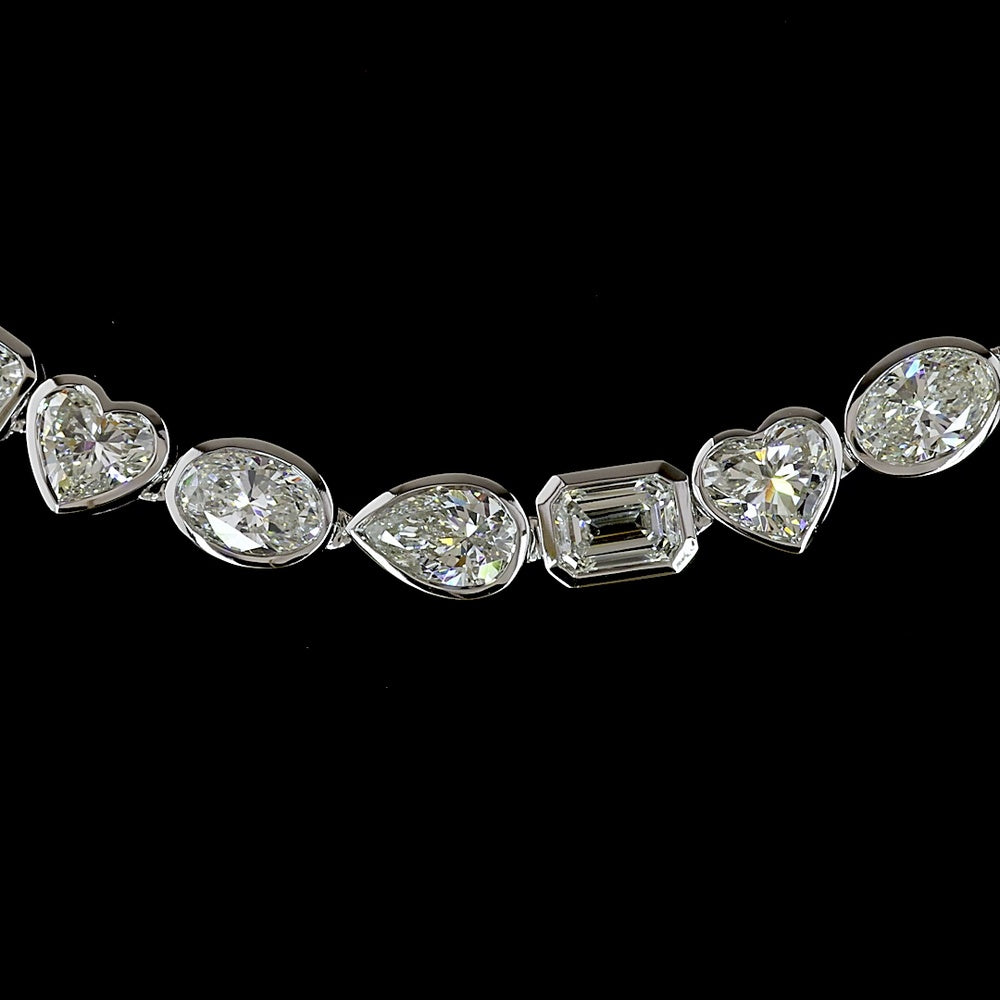 14K White Gold Mixed Shape Tennis Necklace with Heart, Oval, Emerald & Pear Cut Lab Diamonds - 18.77 Carats Total Diamond Weight - Covaloro Fine Jewelry
