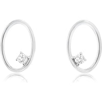 14K White Gold Modern Open Oval Hoop Earrings with Prong-Set Round Diamonds - 0.036 Carat Total Diamond Weight - Royal Jewelry