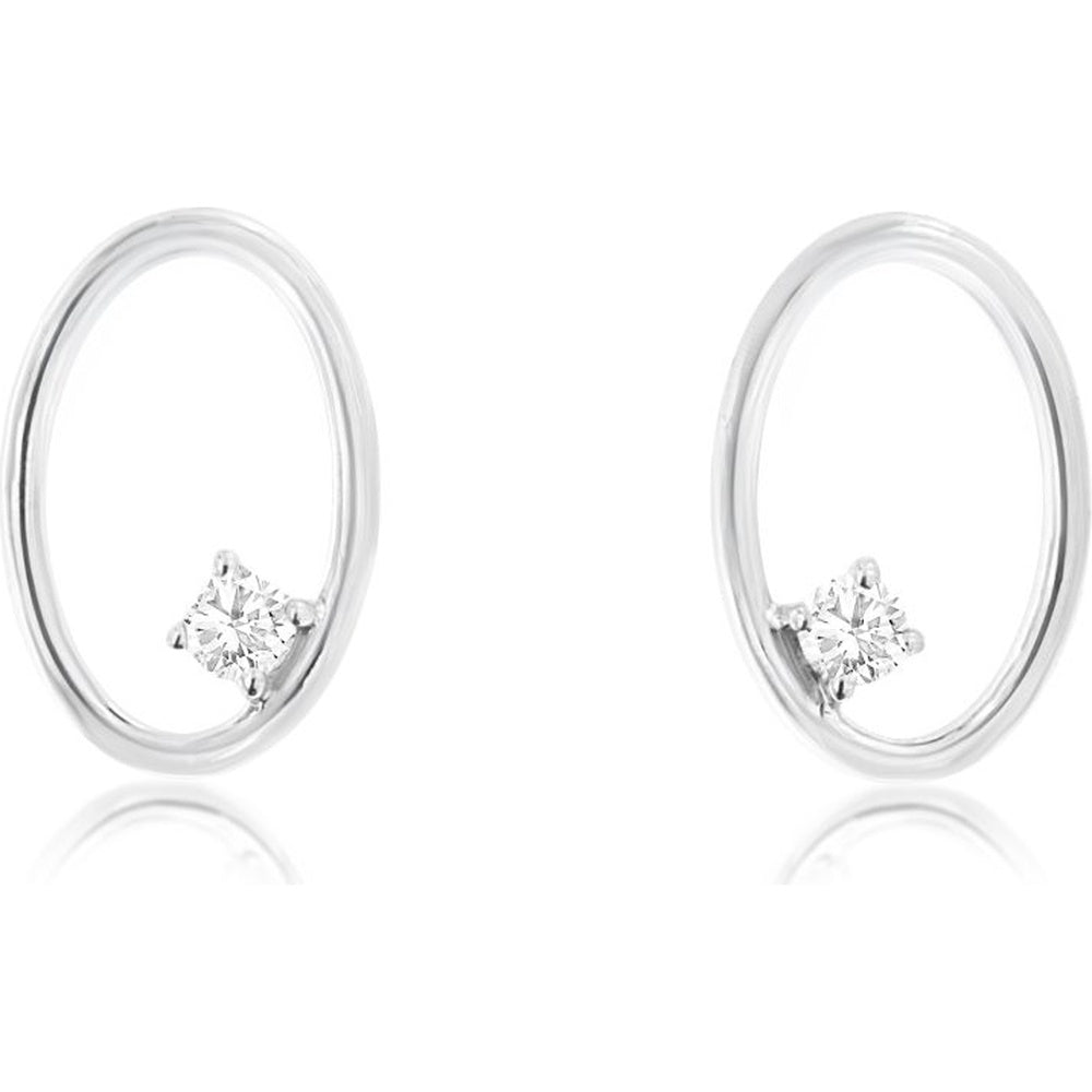 14K White Gold Modern Open Oval Hoop Earrings with Prong-Set Round Diamonds - 0.036 Carat Total Diamond Weight - Royal Jewelry