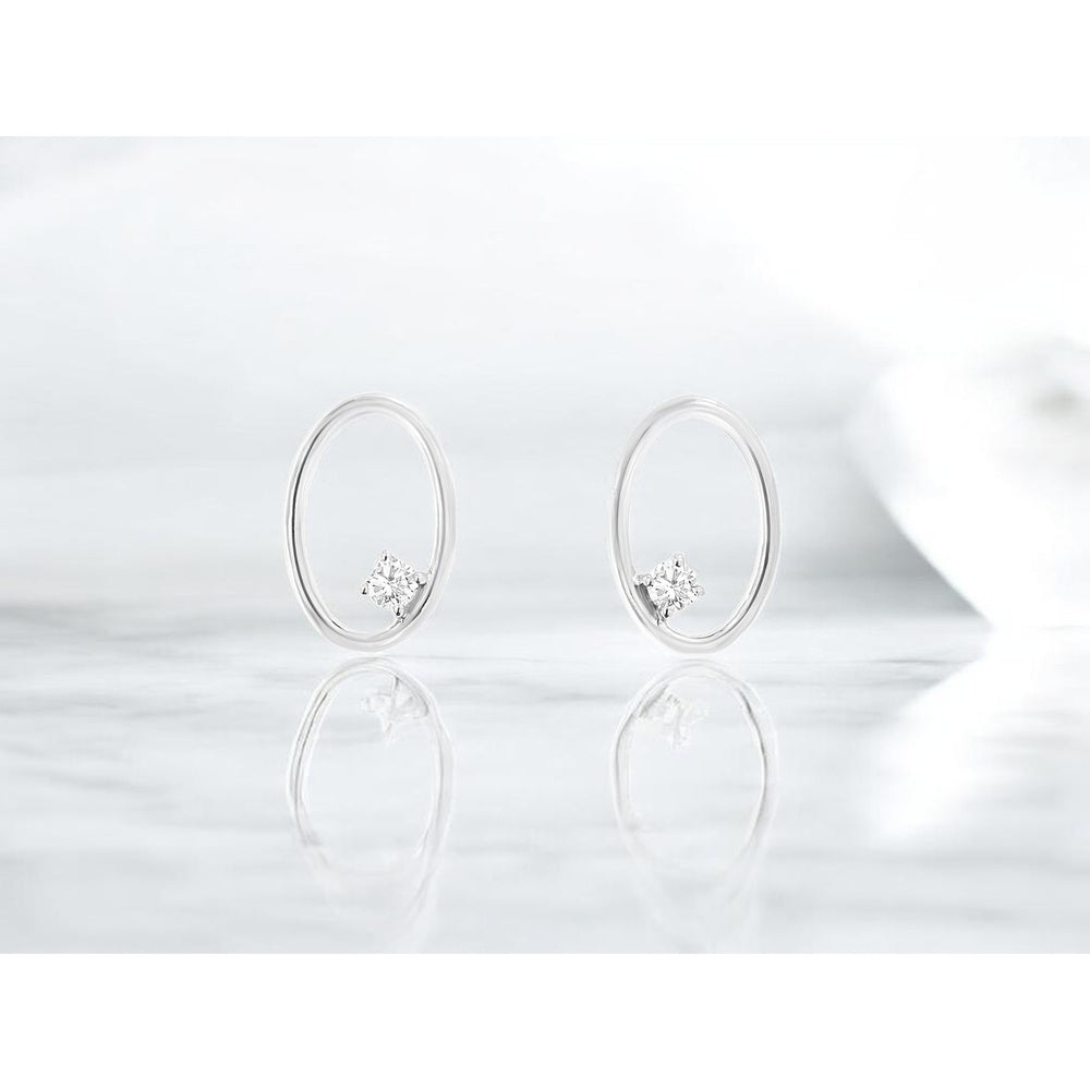 14K White Gold Modern Open Oval Hoop Earrings with Prong-Set Round Diamonds - 0.036 Carat Total Diamond Weight - Royal Jewelry