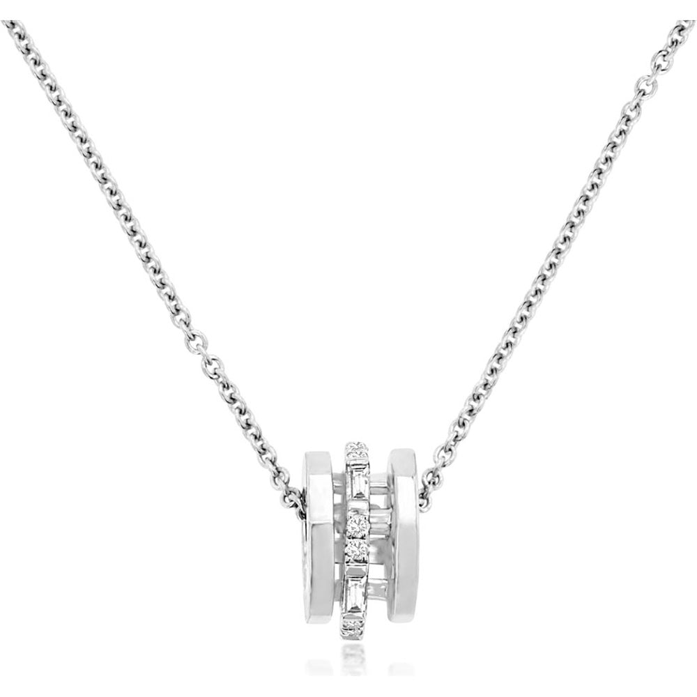 14K White Gold Modern Tri-Band Pendant Necklace with Round and Baguette Diamonds - 0.14 Carat Total Diamond Weight - Royal Jewelry