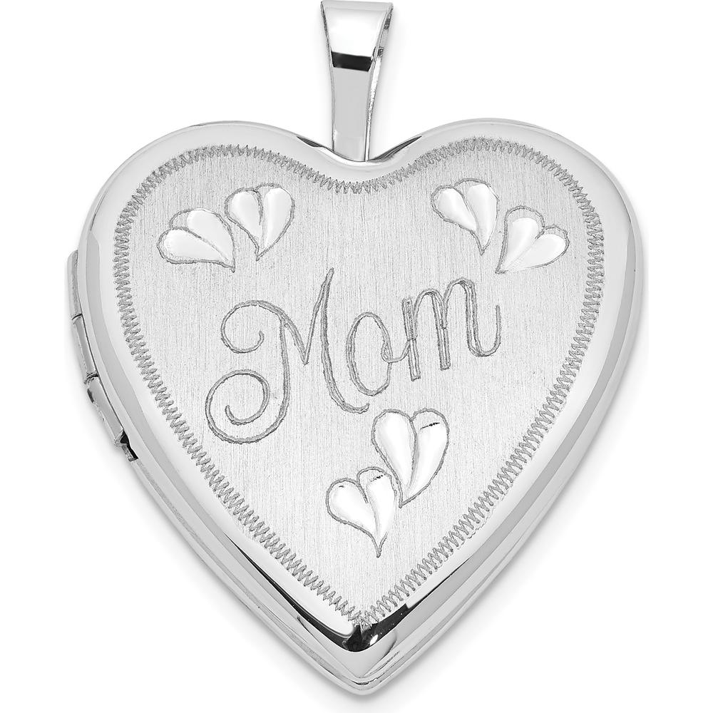 14K White Gold "Mom" Script Heart Locket with Rhodium Plating - 20mm Pendant by Monteluci Fine Jewelry