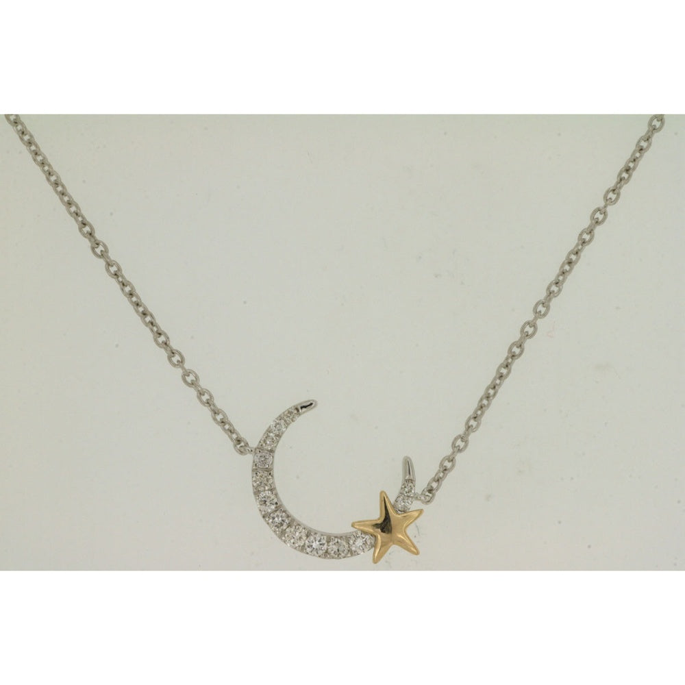 14K White Gold Moon and Star Motif Pendant Necklace with Pavé Set Round Diamonds - 0.22 Carat Total Diamond Weight - Royal Jewelry