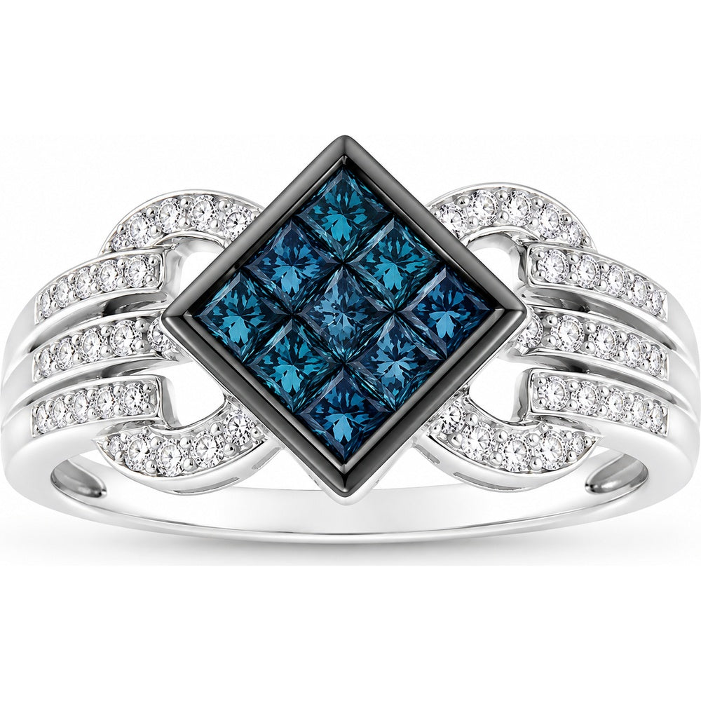 14K White Gold Mosaic Fashion Ring with Invisibly Set Princess Cut Blue Diamonds and Pave Round White Diamonds - 1.21 Carat Total Diamond Weight by Auriventus
