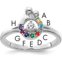 14K White Gold Mother and Child Motif Ring with Prong-Set Diamond Center and 8 Round Birthstones by 0