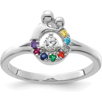 14K White Gold Mother and Child Motif Ring with Prong-Set Diamond Center and 8 Round Birthstones by 0