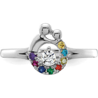 14K White Gold Mother and Child Motif Ring with Prong-Set Diamond Center and 8 Round Birthstones by 0