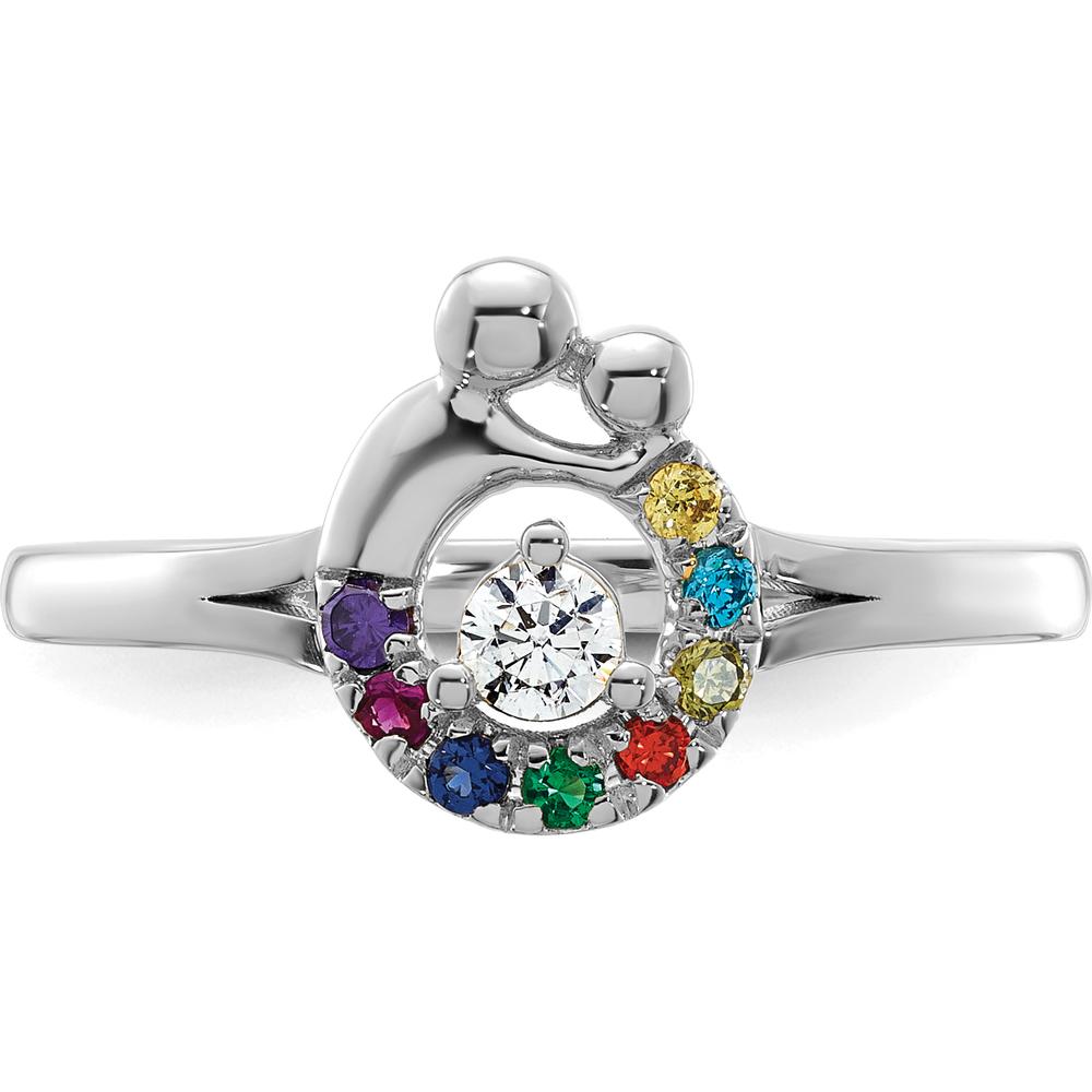 14K White Gold Mother and Child Motif Ring with Prong-Set Diamond Center and 8 Round Birthstones by 0